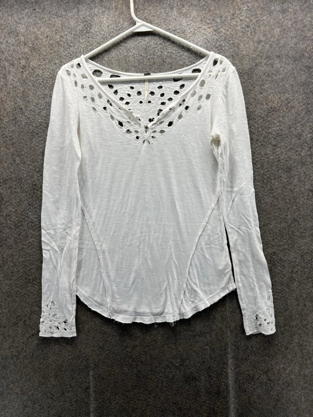 Free People Shirt Women XS White V Neck Long Sleeve Embroidered Jersey Knit Top